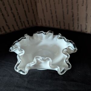Fenton White Ruffled Glass Bowl with Clear Edges